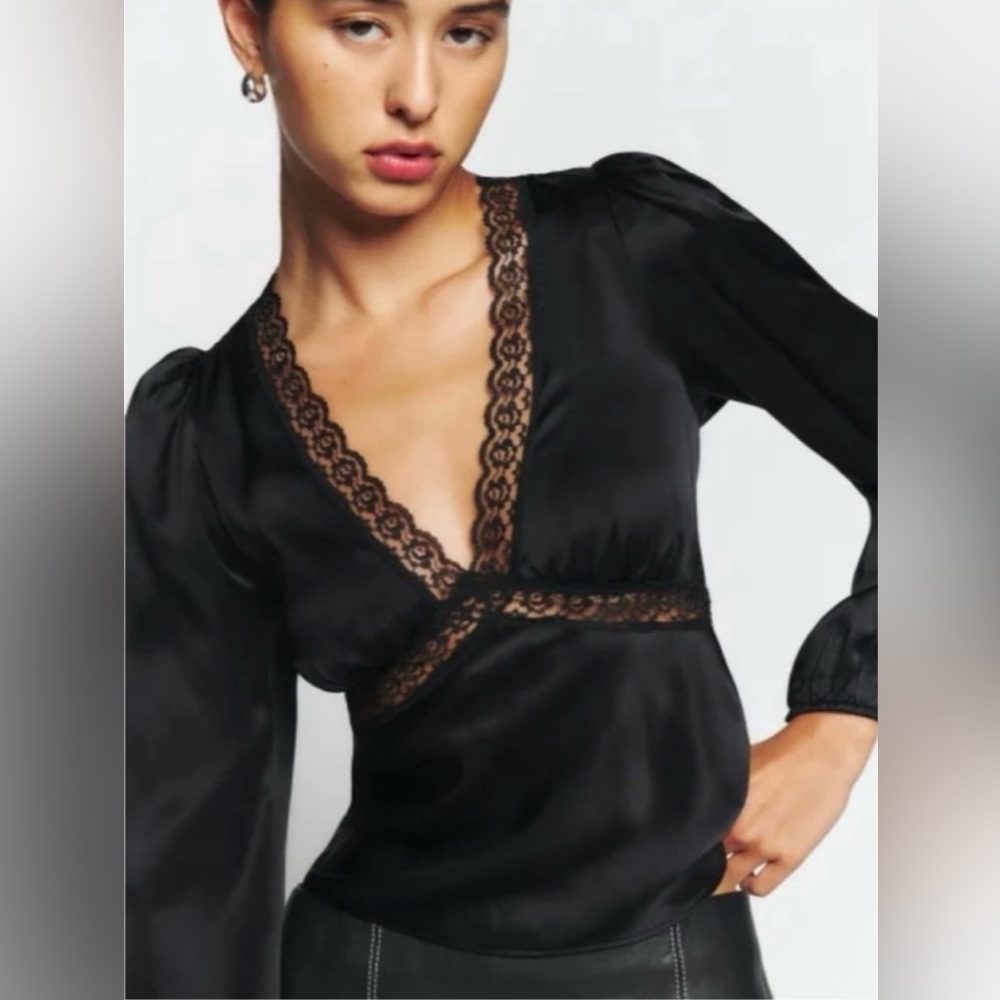 Reformation Black Satin Lace-Trim Long Sleeve V-Neck Top